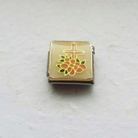 Pink cross and flowers enamel 9mm stainless steel italian charm bracelet link - Picture 1 of 2